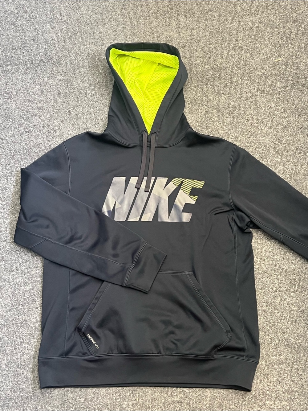 Nike Men’s Therma-Fit Black Hoodie with Neon Yellow Hood Lining, Medium